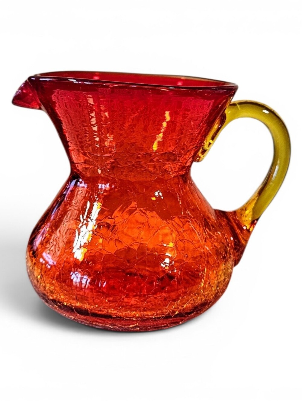 Blenko Crackled Amberina Red Glass Pitcher with Yellow Handle